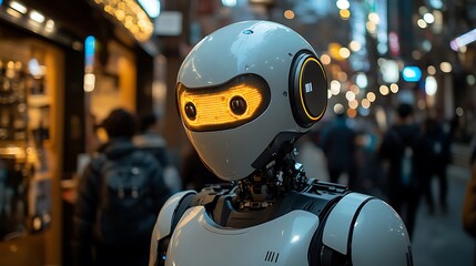 Futuristic robot navigating a bustling urban landscape.