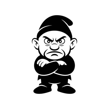 Angry Dwarf Cartoon: A monochrome cartoon image depicts a small, angry dwarf with furrowed brows, crossed arms, and a stern expression.
