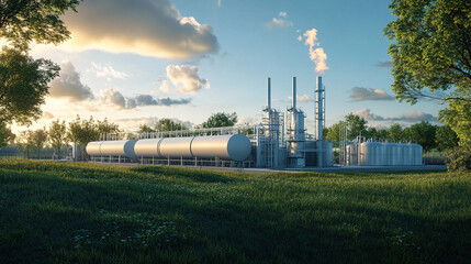 Rendering of an oil refinery plant surrounded by lush green vegetation under blue sky