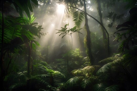 Fototapeta Lush jungle canopy with vibrant green foliage and sunbeams filtering through the dense leaves creating a serene and inviting tropical paradise