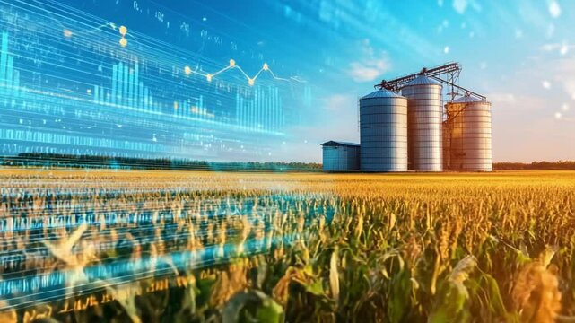 Cornfield at sunset features silos and digital graphics representing data trends. This illustrates the fusion of agriculture and technology for enhanced crop management