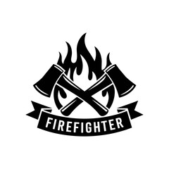 Firefighter's Emblem: A stark monochrome emblem embodies the strength and bravery of firefighters, featuring crossed axes intertwined with flames and a banner declaring their noble profession.