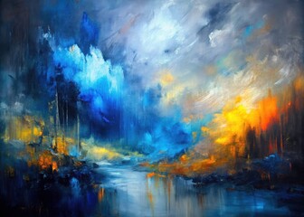 Grey Blue Abstract Oil Painting, Low Light Contemporary Art, Brush Stroke Texture