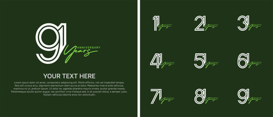 logo anniversary set. white color with green handwriting on green background for special event