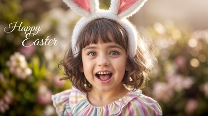 Joyful Young Girl with Bunny Ears Smiling Brightly in a Colorful Dress, Surrounded by Spring Flowers, Celebrating Easter with a Festive and Cheerful Atmosphere, Ideal for Holiday and Family Themes