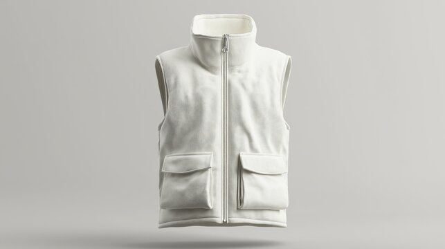 white sleeveless vest. The vest has a high collar and a zipper on the front. It appears to be made of a soft, lightweight fabric and has a relaxed fit.