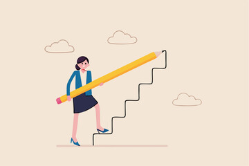 Create stair to success, growth or growing career path, planning for self improvement or leadership motivation, self made success concept, confidence businesswoman draw stair to climb up for success.