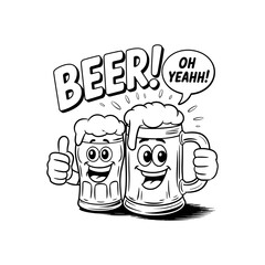 Beer Buddy Cheer: Two animated beer mugs express jubilance, their frothy heads and cartoonish features radiating pure delight. The illustration captures the fun-loving.