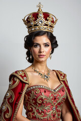 Regal young woman in a royal gown and crown, poised expression, elegant portrait in a glamorous setting