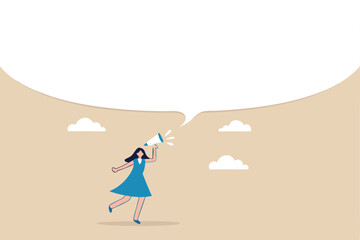 Woman speak out or speak up to communicate, telling the truth or big announcement, voice to be heard, female leadership or message concept, businesswoman speak out on megaphone with big speech bubble.