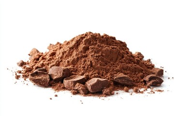Rich cocoa powder and chocolate chunks a delightful mix for baking and desserts Close up view against a bright white background