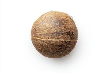 A whole brown coconut isolated on white background showcasing its rough texture and natural fibers A tropical fruit ready for use