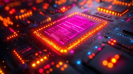 Obraz premium Intricate computer microchip glowing with vibrant neon light.