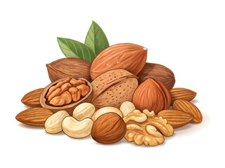 Assorted Mixed Nuts with Shells and Leaves – High-Quality Realistic Illustration on White Background