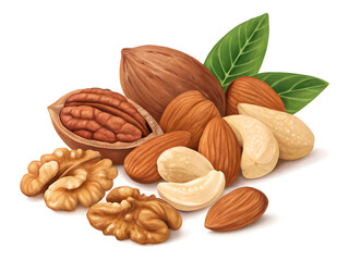 Assorted Mixed Nuts with Shells and Leaves – High-Quality Realistic Illustration on White Background
