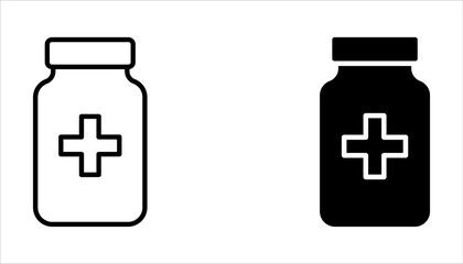 Medicine bottle and pills icon set. Medicament. Vector illustration on white background.