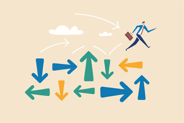 Overcome uncertainty, make decision or determination to achieve success, adversity or courage to solve problem or difficulty concept, businessman jumping on uncertainty random direction arrows.