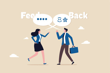 Employee feedback, opinion or colleague voice for improvement, message discussion, telling or comment each other, appraisal or review process, businessman and woman telling feedback to each other.