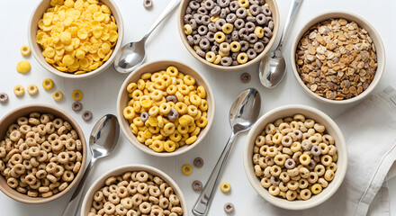Fototapeta premium Various Bowls Of Breakfast Cereals Displayed On A White Surface