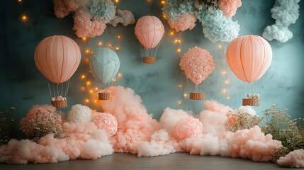 Dreamy pastel hot air balloons with fluffy clouds for whimsical backdrop