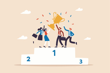 Team success win together, teamwork or collaboration to achieve goal together, group winner or team victory concept, businessman and businesswoman colleagues hold winning trophy on first place podium.