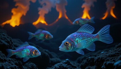Fototapeta premium Bioluminescent anglerfish swims through dark water near hydrothermal vents; vibrant colors illuminate the abyss.
