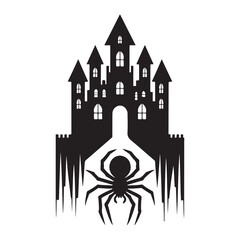 Spooky Haunted Castle Silhouette with Spider Halloween Vector Graphics