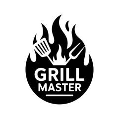 Grill Master Emblem: A dynamic graphic emblem showcasing the essence of grilling expertise, featuring a stylized flame with tools of the trade, embodying culinary mastery.