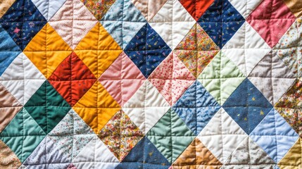 Colorful Stitched Patchwork Quilt with Geometric Triangle and Square Design