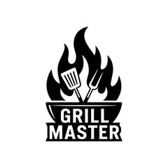 Grill Master Logo: A fiery emblem showcasing crossed grilling tools, spatula and tongs, set against a backdrop of vibrant flames within a grill bowl, with bold lettering proclaiming 