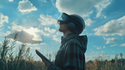 Man using futuristic helmet and tablet in tranquil outdoor landscape with sky