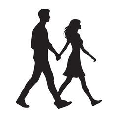Couple walking together holding hands silhouette vector illustration art