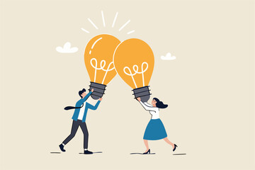 Combine idea, synergy or collaborate to get solution, brainstorm, teamwork or think together to develop great idea concept, businessman, businesswoman join or combine lightbulb idea for best result.