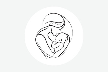 line art illustration of a loving mother gently holding and kissing her sleeping baby,