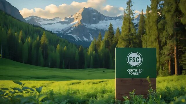 FSC Certified Forest sign in a lush green landscape with majestic mountains in the background, promoting sustainability and environmental conservation.

