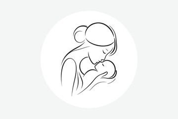 line art illustration of a loving mother gently holding and kissing her sleeping baby,