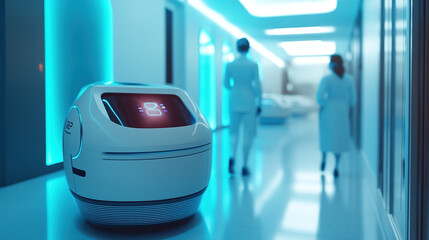 Futuristic healthcare environment featuring assistive robot and medical professionals