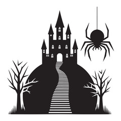 Spooky Haunted Castle Silhouette on Hill with Spider Vector Design