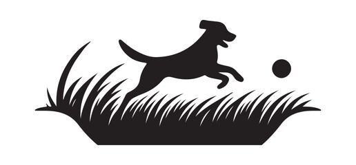 Joyful Dog Silhouette Illustration Chasing Ball in Grass Field