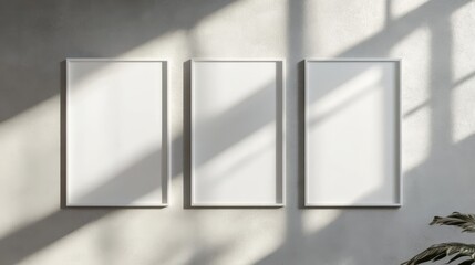 Three empty white vertical rectangle poster mockups with soft shadows on neutral light grey concrete wall background. Flat lay, top view.