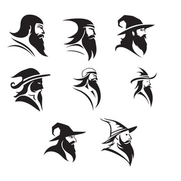 Wizard head silhouettes vector set witch hat character mysterious bearded sorcerer face in black and white