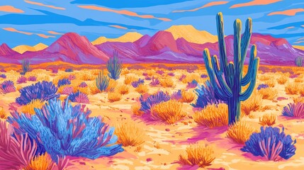 Vibrant Desert Vista Cacti Mountains  Colorful Flora Abound