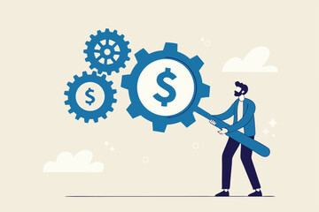 Cost effective, reduce cost and time to maximize better quality result, optimize cost and expense for better profit strategy concept, businessman with magnifier dollar money from cog gear production.
