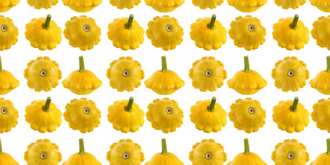 Pattern of yellow pattypan squash on white background