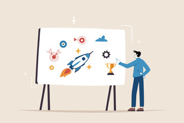 Marketing plan, strategy planning to launch product, innovation or idea to develop plan, promotion and advertising, analyze data for success concept, businessman explain marketing plan on whiteboard.