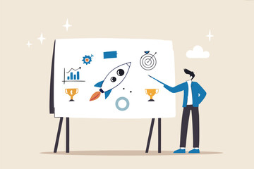 Marketing plan, strategy planning to launch product, innovation or idea to develop plan, promotion and advertising, analyze data for success concept, businessman explain marketing plan on whiteboard.