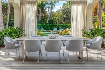 Outdoor dining set overlooking lush garden