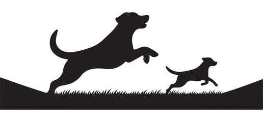 Playful Labrador Dogs Silhouette Illustration Running in the Field Vector