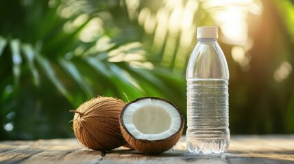 Obraz premium Refreshing Coconut Water and Bottled Water in Tropical Setting