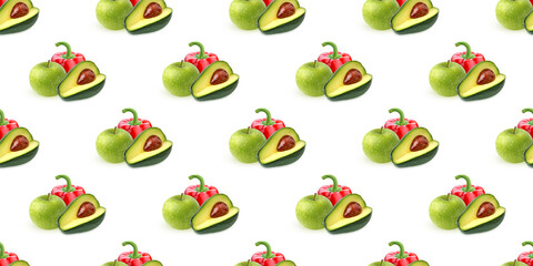 Seamless pattern of fresh green apple, half avocado and red bell pepper on white background